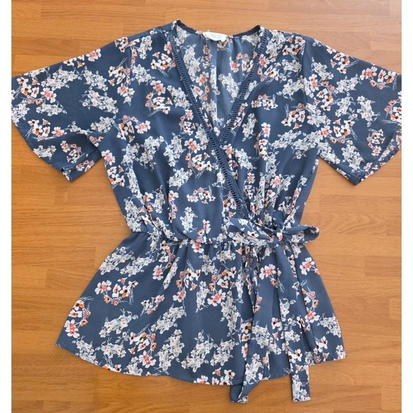 Sienna Sky Tops - Sienna Sky Floral Wrap Peplum Blouse Blue V-Neck Short Sleeve Top Small